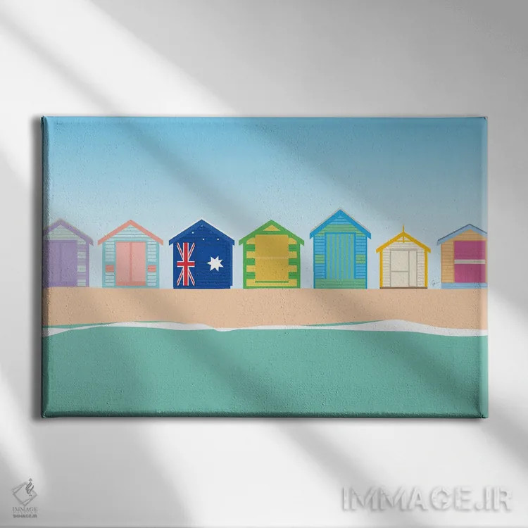 تابلو "کلبههای شنای ساحل برایتون، ملبورن، استرالیا" اثر لایمن کریتیو کو. (شرکت/استودیو خلاق) - نمای روبهرو روی دیوار