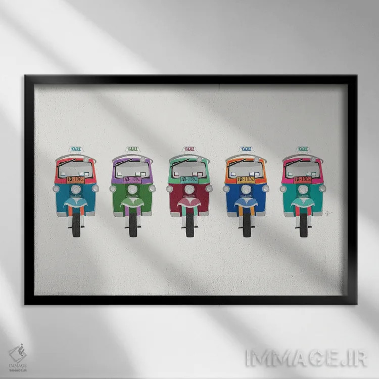 تابلو "توکتوکهای تایلند در یک صف" اثر لایمن کریتیو کو. (شرکت/استودیو خلاق) - نمای قابدار مشکی