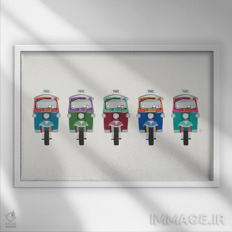تابلو "توکتوکهای تایلند در یک صف" اثر لایمن کریتیو کو. (شرکت/استودیو خلاق) - نمای قابدار سفید