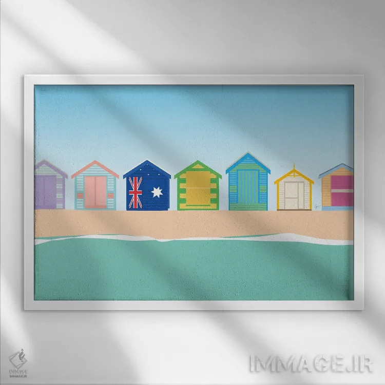 تابلو "کلبههای شنای ساحل برایتون، ملبورن، استرالیا" اثر لایمن کریتیو کو. (شرکت/استودیو خلاق) - نمای قابدار سفید