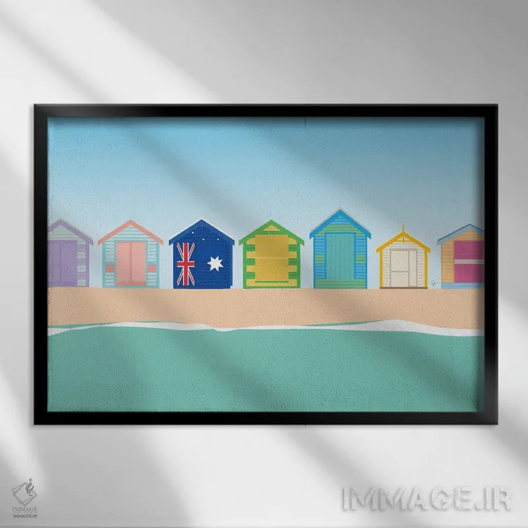 تابلو "کلبههای شنای ساحل برایتون، ملبورن، استرالیا" اثر لایمن کریتیو کو. (شرکت/استودیو خلاق) - نمای قابدار مشکی
