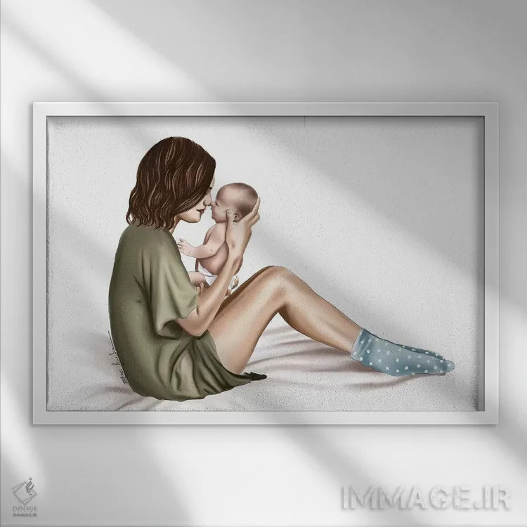 تابلو "مادر و نوزاد" اثر الزا فوچه - نمای قابدار سفید