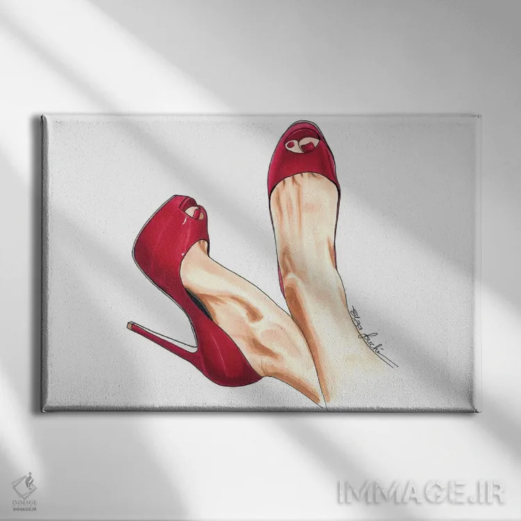 تابلو کفش پاشنهدار گیلاسی اثر الزا فوچه - نمای روبهرو روی دیوار