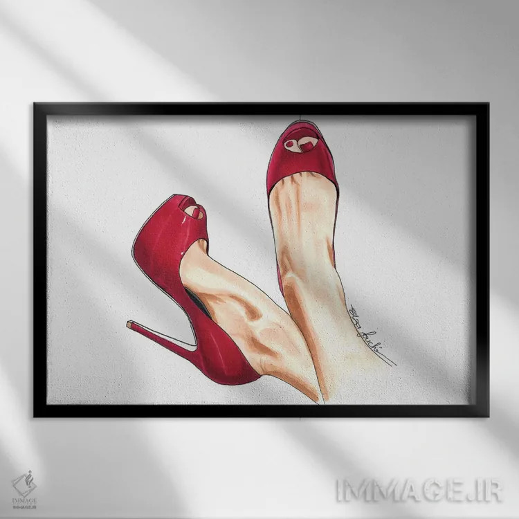تابلو کفش پاشنهدار گیلاسی اثر الزا فوچه - نمای قابدار مشکی