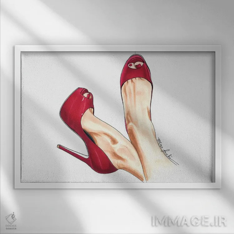 تابلو کفش پاشنهدار گیلاسی اثر الزا فوچه - نمای قابدار سفید
