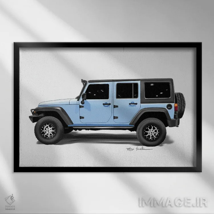 تابلو جیپ آبی اثر الزا فوچه - نمای قابدار مشکی