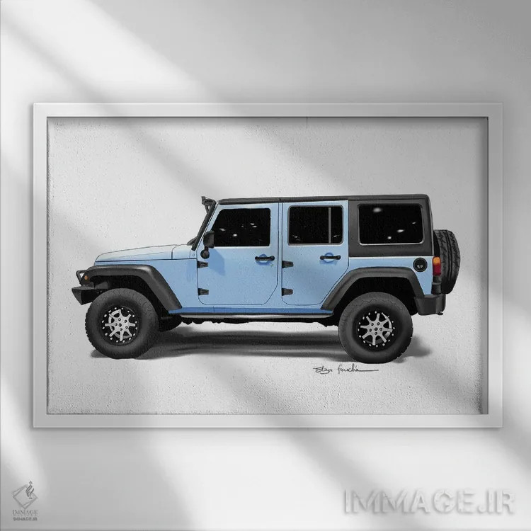 تابلو جیپ آبی اثر الزا فوچه - نمای قابدار سفید