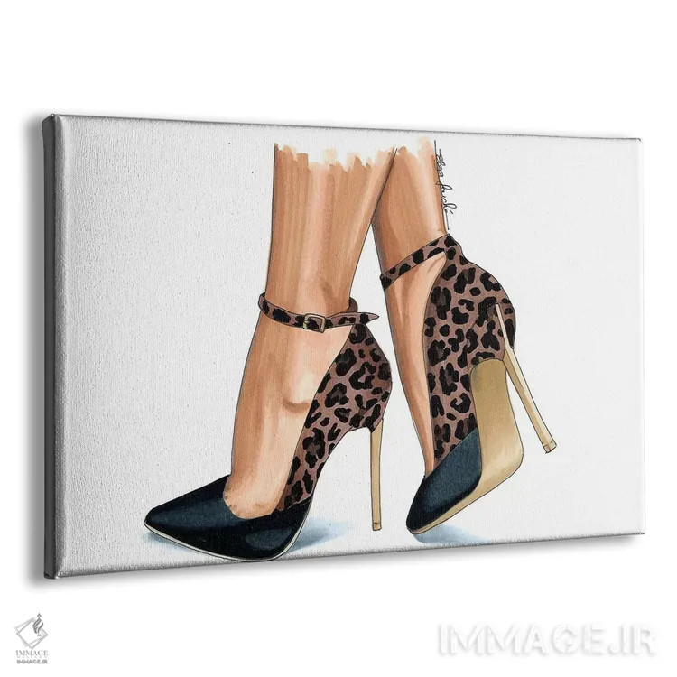 تابلو کفش پاشنهدار ذغالی و پلنگی اثر الزا فوچه - نمای پرسپکتیو محصول