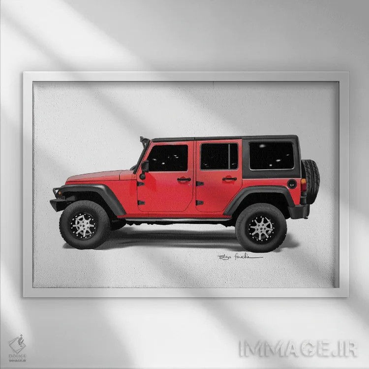 تابلو جیپ قرمز اثر الزا فوچه - نمای قابدار سفید