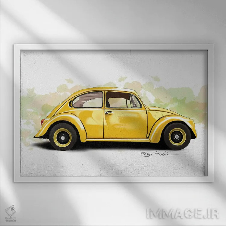 تابلو باگی زرد (خودرو تفریحی) اثر الزا فوچه - نمای قابدار سفید
