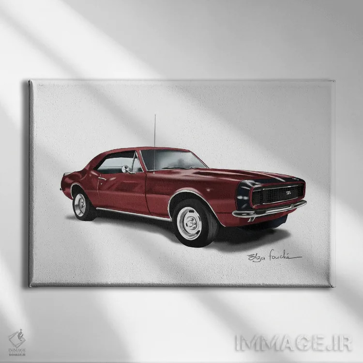 تابلو کامارو زرشکی (مدل خودرو) اثر الزا فوچه - نمای روبهرو روی دیوار
