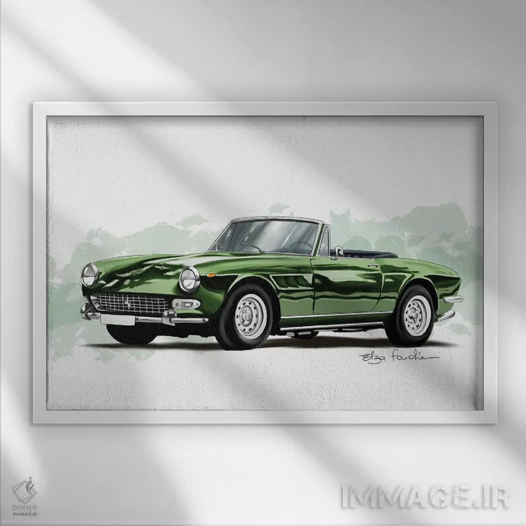 تابلو فراری سبز (مدل خودرو اسپرت) اثر الزا فوچه - نمای قابدار سفید
