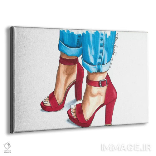تابلو کفش پاشنهدار بنددار قرمز اثر الزا فوچه - نمای پرسپکتیو محصول
