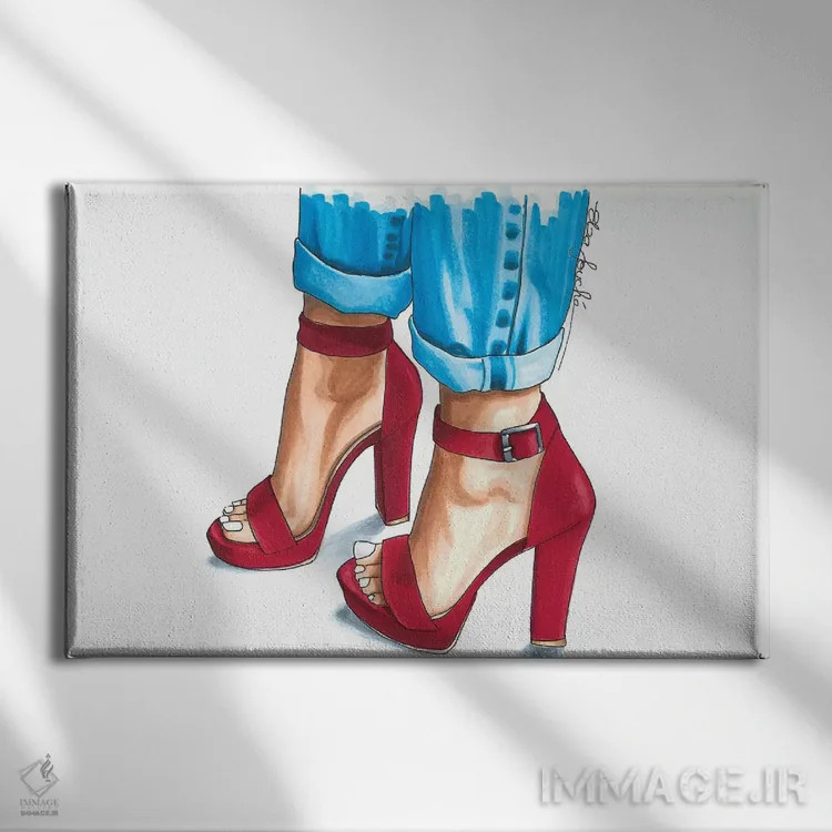 تابلو کفش پاشنهدار بنددار قرمز اثر الزا فوچه - نمای روبهرو روی دیوار