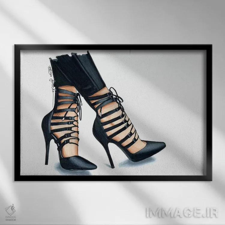 تابلو کفش پاشنهدار مشکی براق اثر الزا فوچه - نمای قابدار مشکی