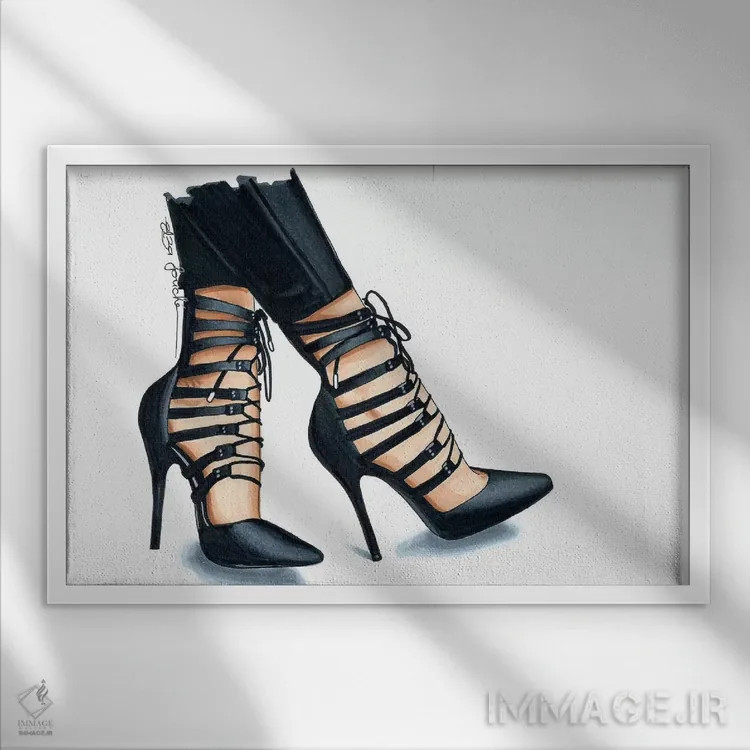 تابلو کفش پاشنهدار مشکی براق اثر الزا فوچه - نمای قابدار سفید