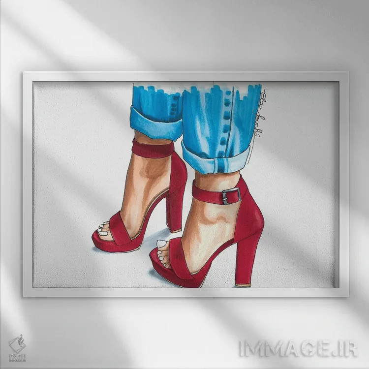تابلو کفش پاشنهدار بنددار قرمز اثر الزا فوچه - نمای قابدار سفید