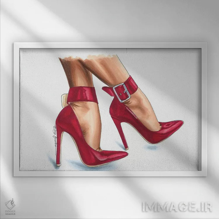 تابلو کفش پاشنهدار یاقوتی اثر الزا فوچه - نمای قابدار سفید