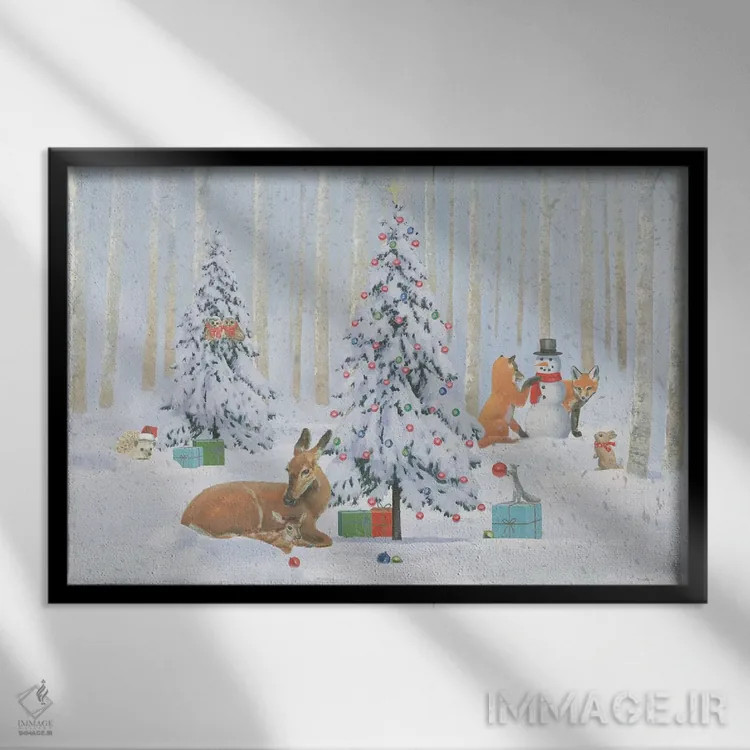 تابلو حیوانات کریسمسی شاد ۱ اثر امیلی آدامز - نمای قابدار مشکی