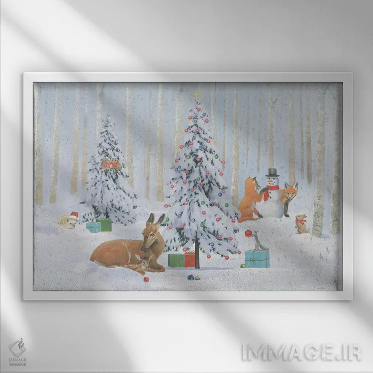 تابلو حیوانات کریسمسی شاد ۱ اثر امیلی آدامز - نمای قابدار سفید