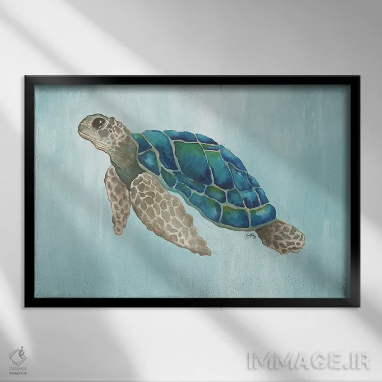 تابلو لاکپشت دریایی آبرنگی اثر الیزابت مدلی - نمای قابدار مشکی