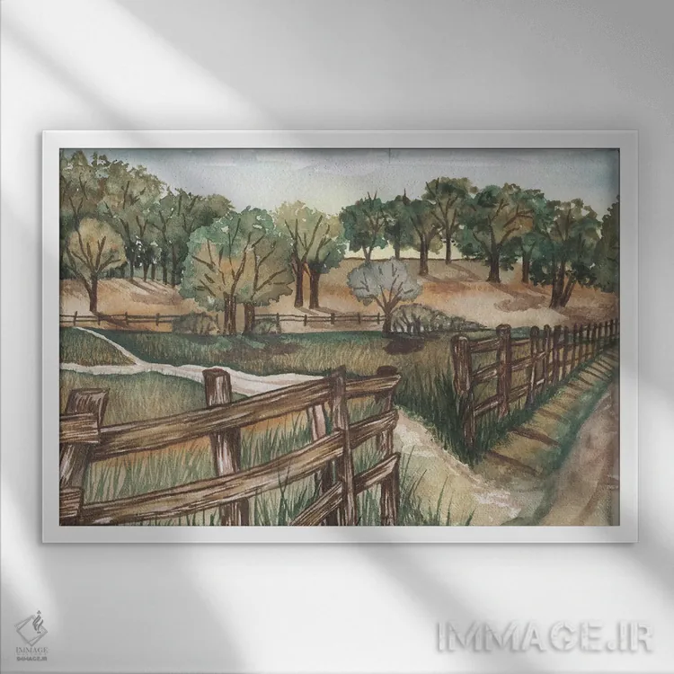تابلو منظرهٔ مزرعه اثر الیزابت مدلی - نمای قابدار سفید