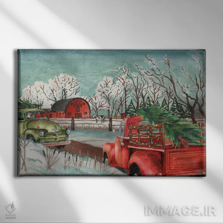 تابلو زمستان در مزرعه با چراغها اثر الیزابت مدلی - نمای روبهرو روی دیوار