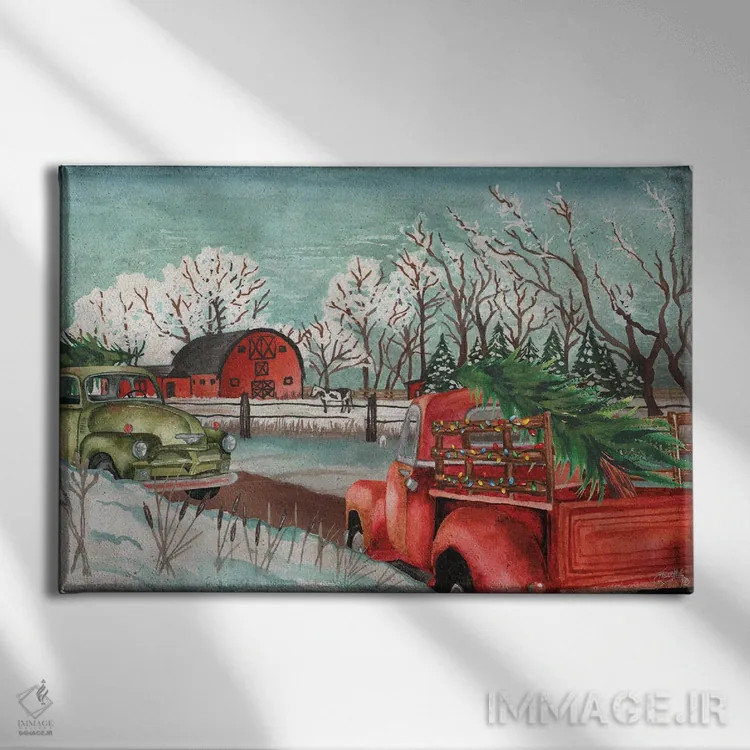 تابلو زمستان در مزرعه با چراغها اثر الیزابت مدلی - نمای روبهرو روی دیوار