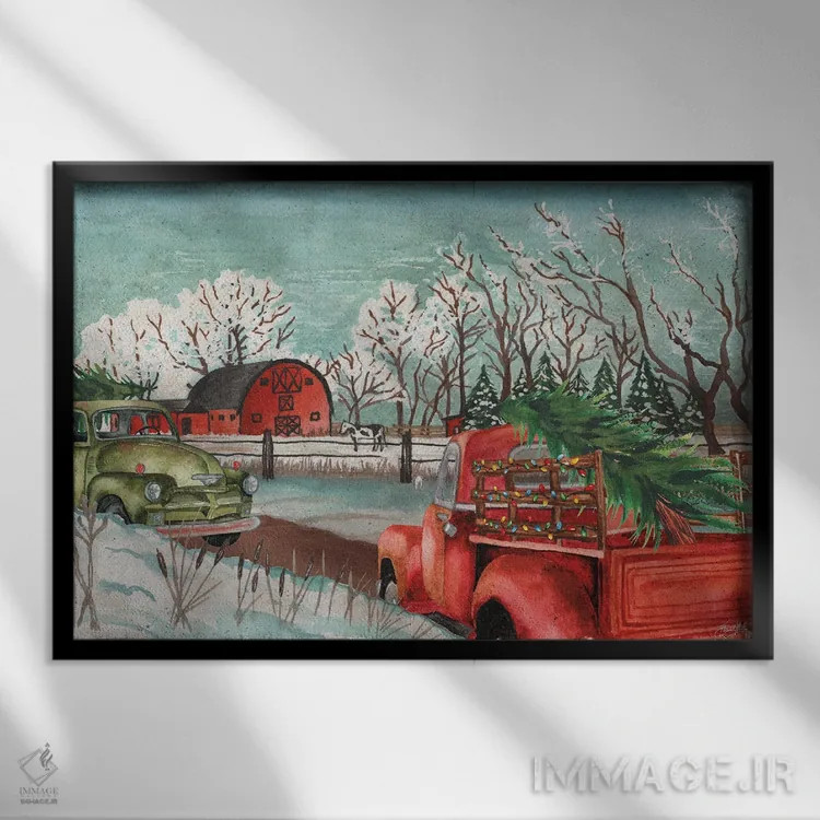 تابلو زمستان در مزرعه با چراغها اثر الیزابت مدلی - نمای قابدار مشکی
