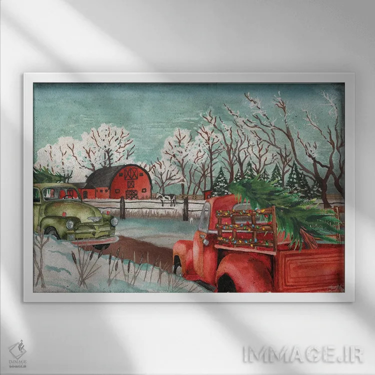 تابلو زمستان در مزرعه با چراغها اثر الیزابت مدلی - نمای قابدار سفید