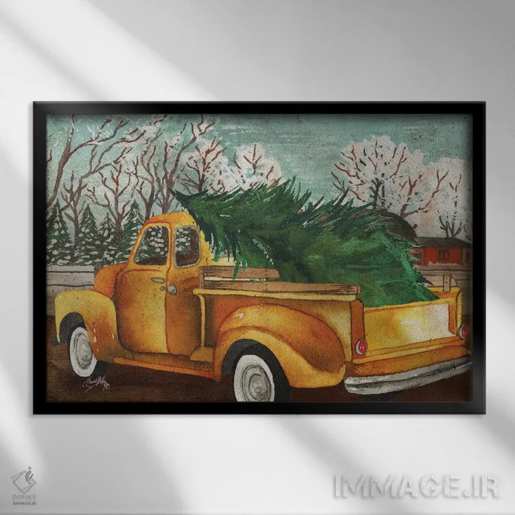 تابلو کامیون زرد و درخت III اثر الیزابت مدلی - نمای قابدار مشکی