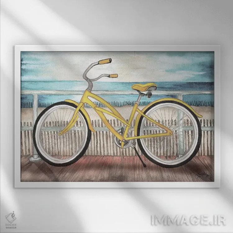 تابلو دوچرخهسواری ساحلی اثر الیزابت مدلی - نمای قابدار سفید
