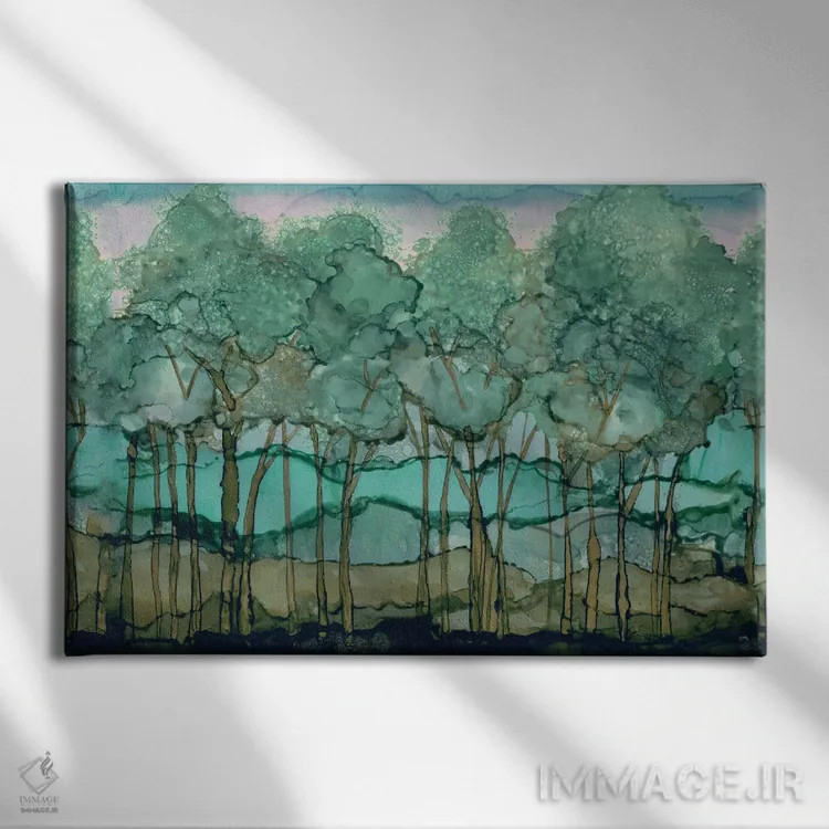 تابلو جنگل درختان سبز اثر الیزابت مدلی - نمای روبهرو روی دیوار