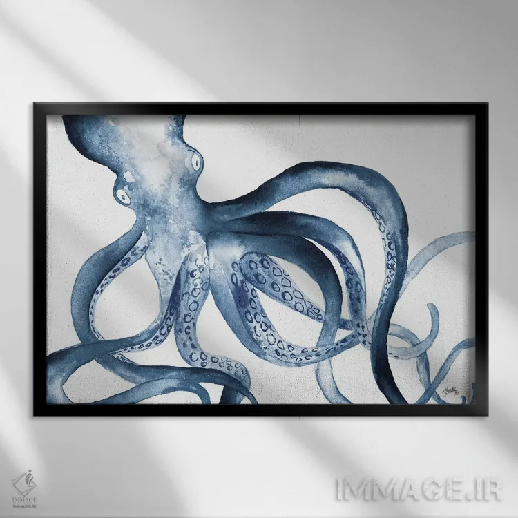 تابلو هشتپا در میان آبیها اثر الیزابت مدلی - نمای قابدار مشکی