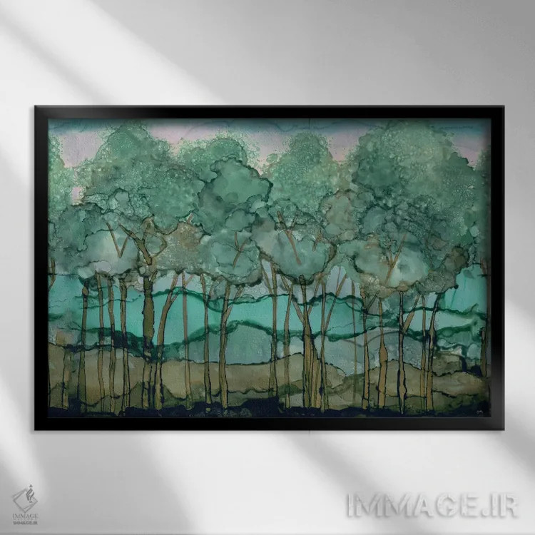 تابلو جنگل درختان سبز اثر الیزابت مدلی - نمای قابدار مشکی