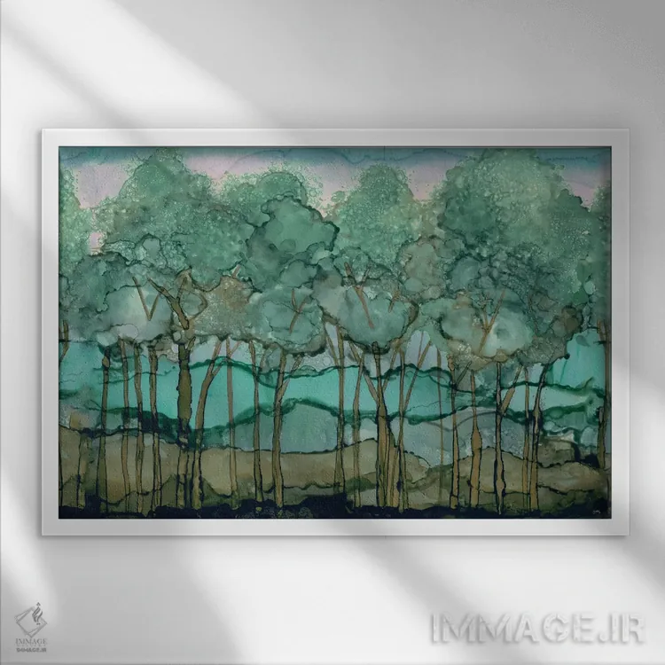 تابلو جنگل درختان سبز اثر الیزابت مدلی - نمای قابدار سفید