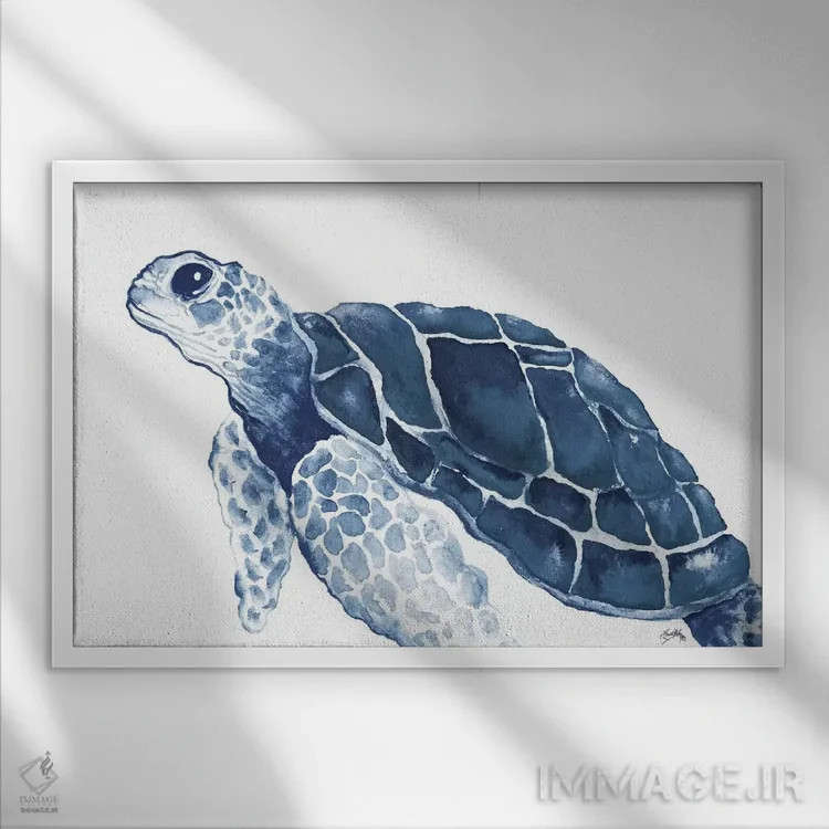 تابلو لاکپشت در میان آبیها اثر الیزابت مدلی - نمای قابدار سفید