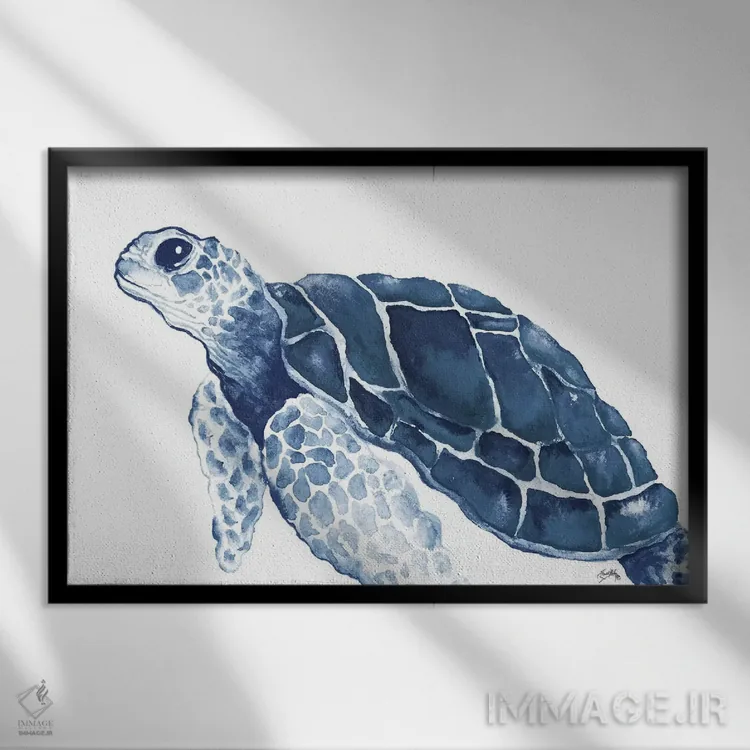 تابلو لاکپشت در میان آبیها اثر الیزابت مدلی - نمای قابدار مشکی