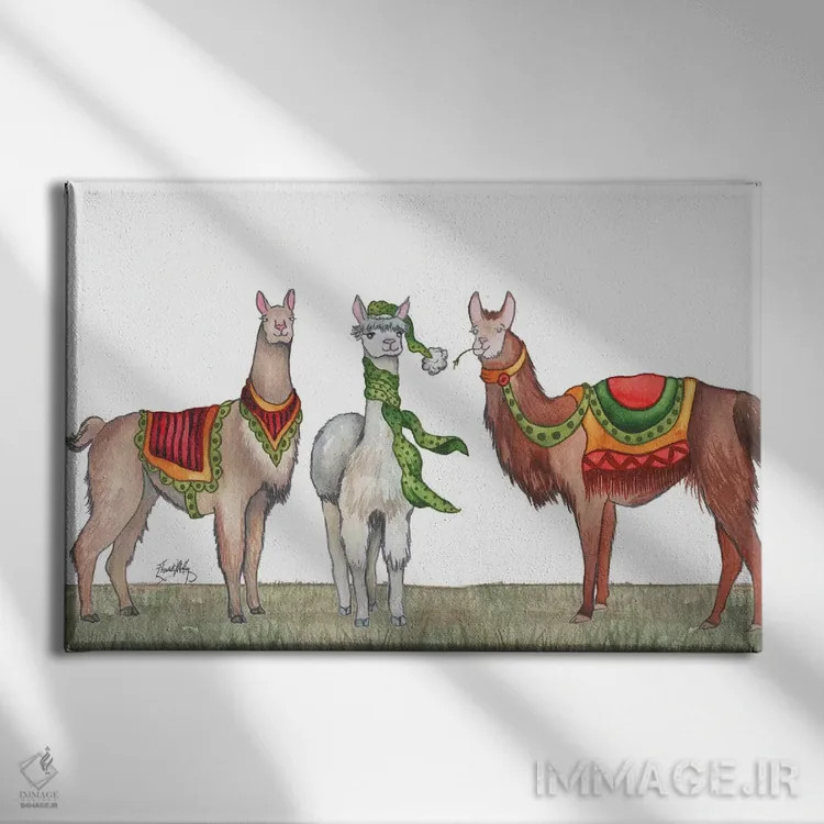 تابلو لاماهای کریسمسی اثر الیزابت مدلی - نمای روبهرو روی دیوار