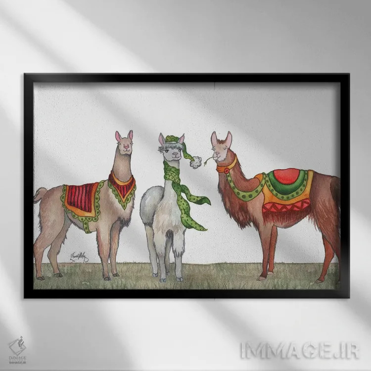 تابلو لاماهای کریسمسی اثر الیزابت مدلی - نمای قابدار مشکی