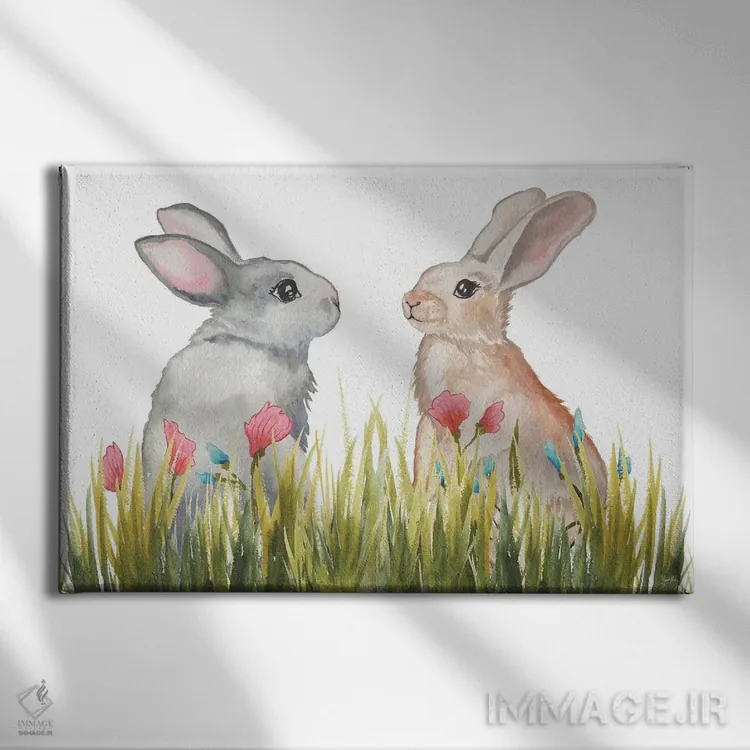 تابلو خرگوشها میان گلها دو اثر الیزابت مدلی - نمای روبهرو روی دیوار