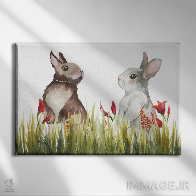 تابلو خرگوشها میان گلها یک اثر الیزابت مدلی - نمای روبهرو روی دیوار