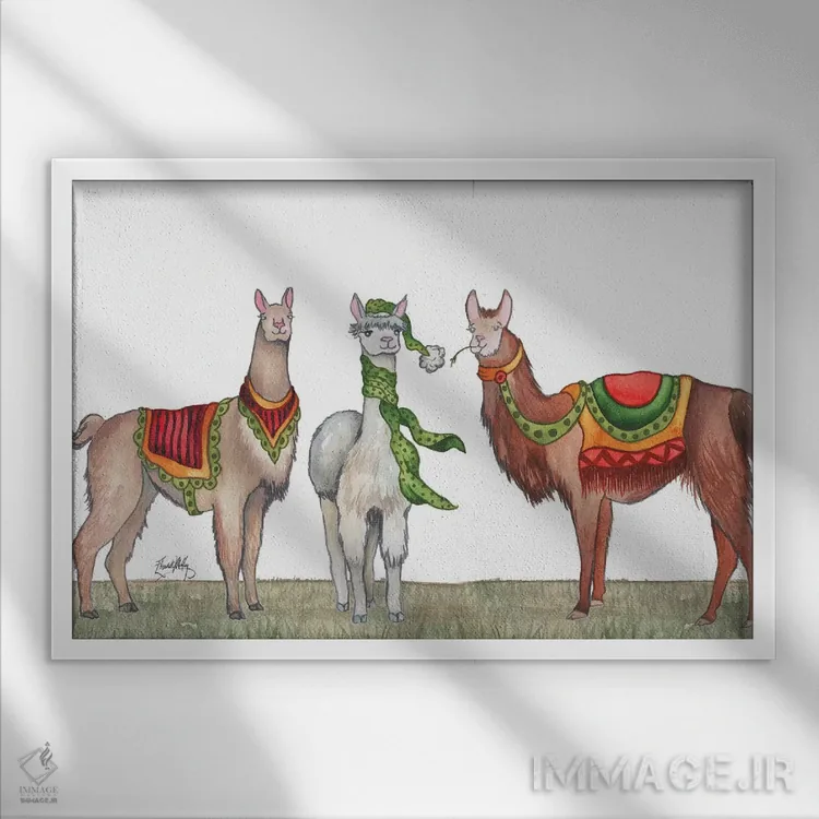 تابلو لاماهای کریسمسی اثر الیزابت مدلی - نمای قابدار سفید