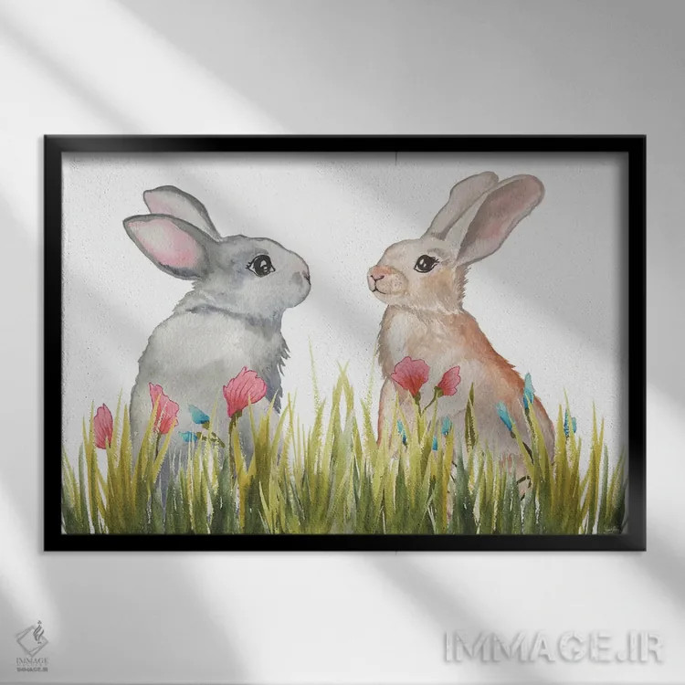 تابلو خرگوشها میان گلها دو اثر الیزابت مدلی - نمای قابدار مشکی