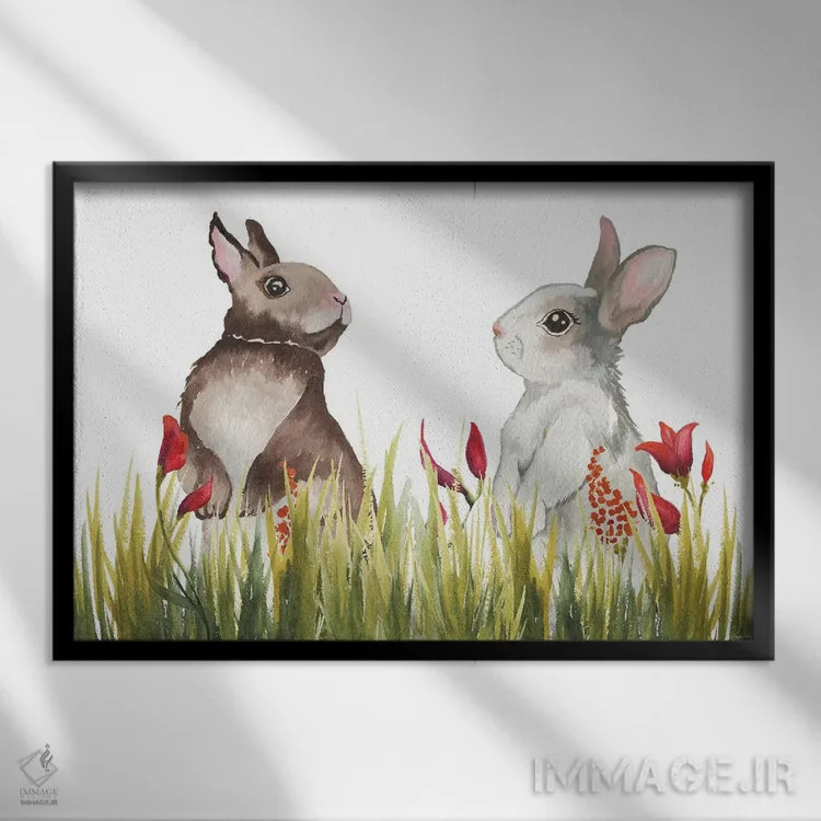 تابلو خرگوشها میان گلها یک اثر الیزابت مدلی - نمای قابدار مشکی
