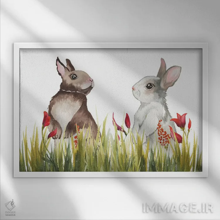 تابلو خرگوشها میان گلها یک اثر الیزابت مدلی - نمای قابدار سفید