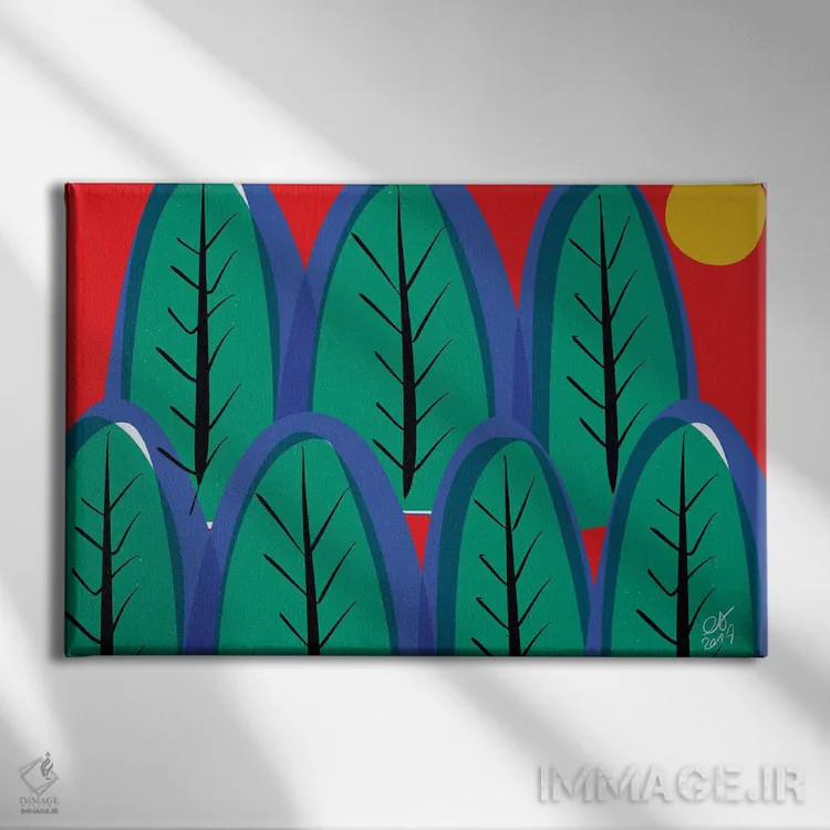 تابلو درختان سبز و آسمان سرخ اثر امانوئل سیگنورینو - نمای روبهرو روی دیوار