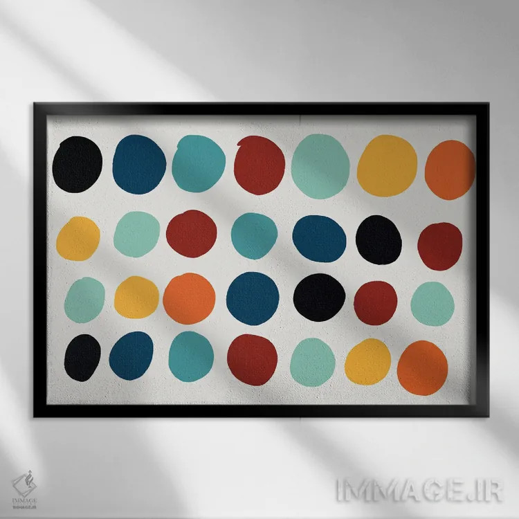 تابلو هنر انتزاعی نقطهای و قرصی اثر امانوئل سیگنورینو - نمای قابدار مشکی