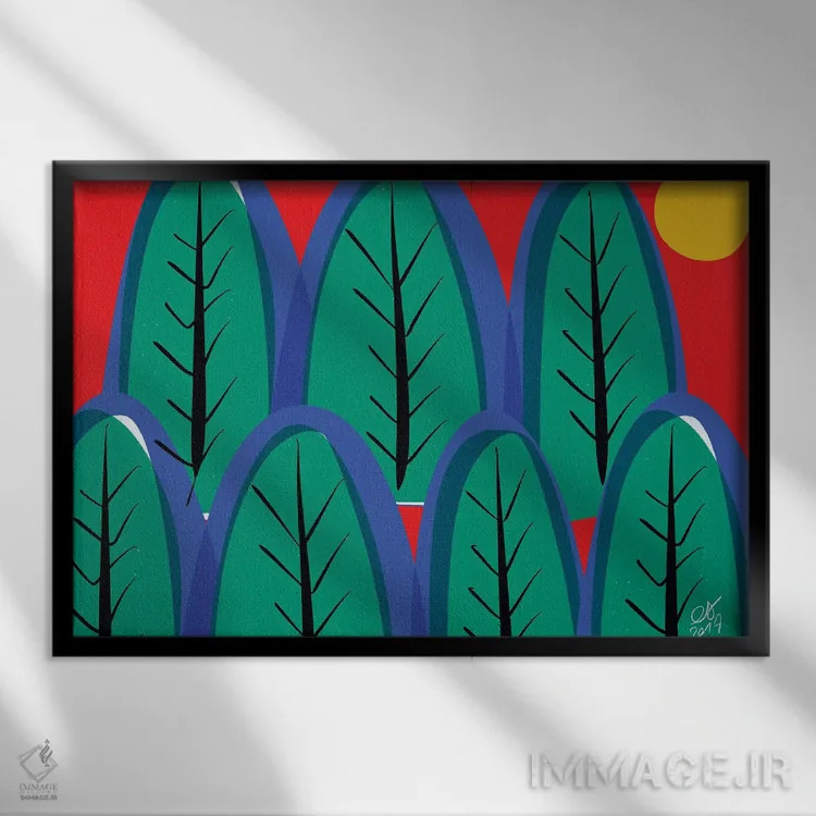 تابلو درختان سبز و آسمان سرخ اثر امانوئل سیگنورینو - نمای قابدار مشکی
