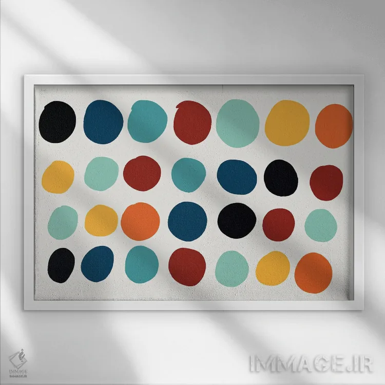 تابلو هنر انتزاعی نقطهای و قرصی اثر امانوئل سیگنورینو - نمای قابدار سفید
